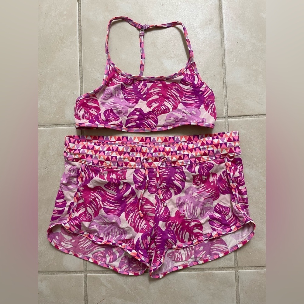 Athleta Girl 2 piece reversible swimsuit kids XL (14) Pink leaf Tropical design